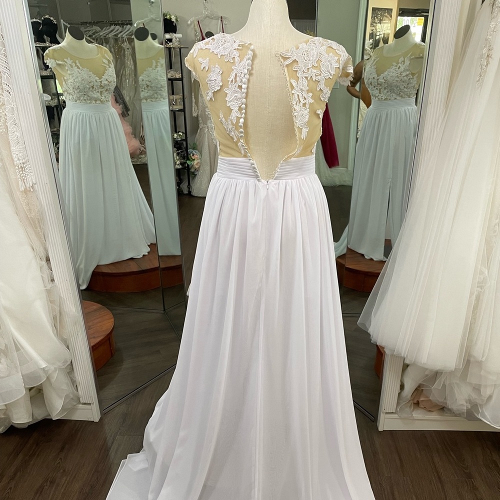 Sheer lace top chiffon wedding beach gown boho